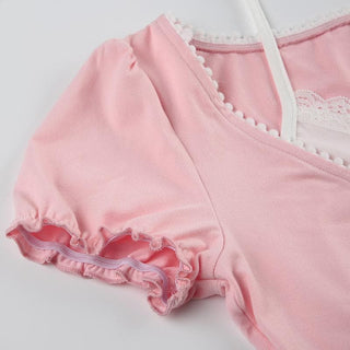 Short puff sleeve halter patchwork bowknot top