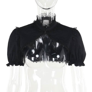 Puff sleeve lace hem button shrug top