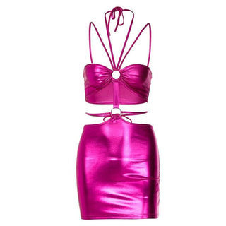 Metallic o ring halter self tie backless hollow out cut out mini dress