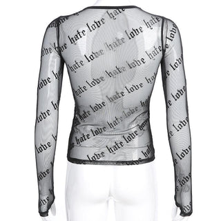 Sheer mesh "hate love" print see through solid long sleeve gloves top