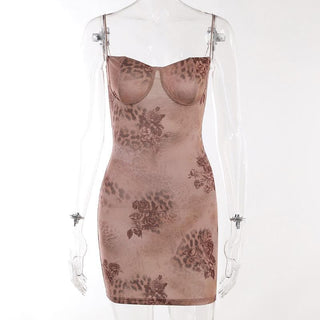 Leopard print sweetheart neck backless cami mini dress