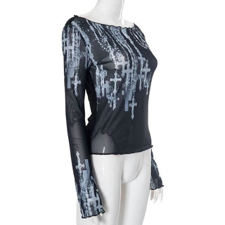 Off shoulder long sleeve mesh cross print top