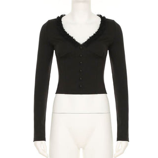 Long sleeve v neck ruffle button top