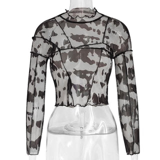 Sheer mesh see through print stitch ruffle open back top