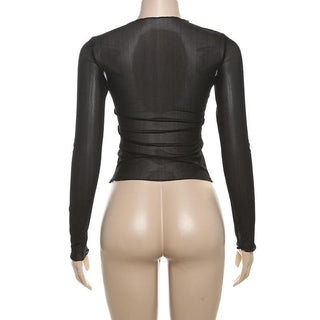 Long sleeve round neck letter sheer mesh top