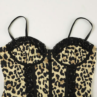 Leopard print sweetheart neck lace hem cami top