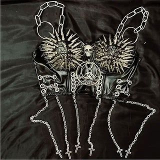 Skull o ring rivet PU leather metal chain cami top