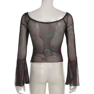 Long flared sleeve abstract mesh top