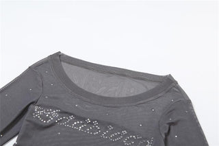 Off shoulder long sleeve beaded sheer mesh solid top