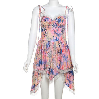 Lace hem zip-up print v neck cami mini dress