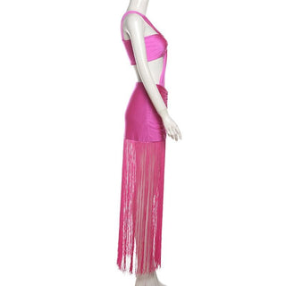 Ruched knotted tassels metallic cami mini dress