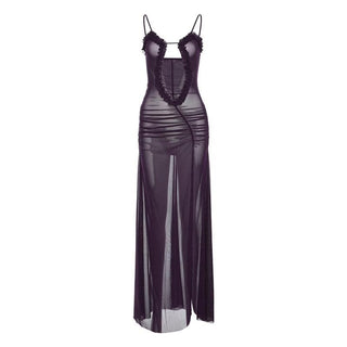 Sheer mesh hollow out ruched high slit cami cut out maxi dress
