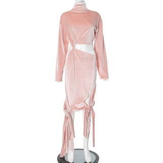 High neck long sleeve velvet hollow out knotted cut out midi dress