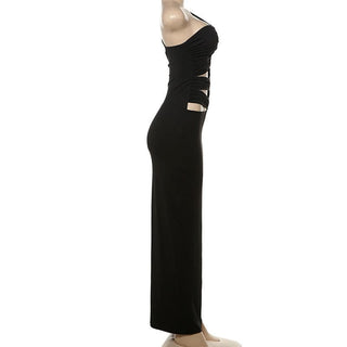 One shoulder hollow out metal applique cut out maxi dress