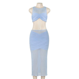 Crewneck sleeveless ruched mesh crop maxi skirt set