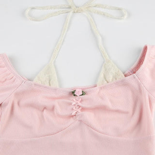 Short puff sleeve off shoulder halter ribbed top