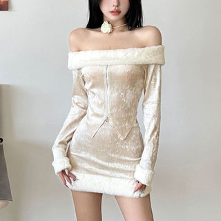 Off shoulder long sleeve fluffy zip-up solid top
