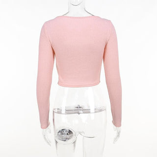 Long sleeve knitted hollow out ribbed cross front crop cut out top