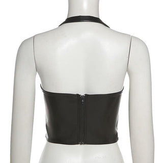 Halter PU leather buckle zip-up stitch solid top