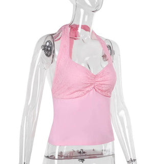 Halter self tie lace v neck ruched backless top