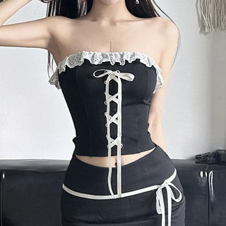 Ruffle lace up contrast backless tube top