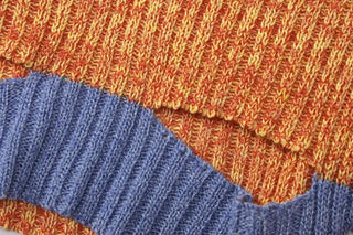 Knitted patchwork contrast long sleeve hollow out mini skirt set-final-sale