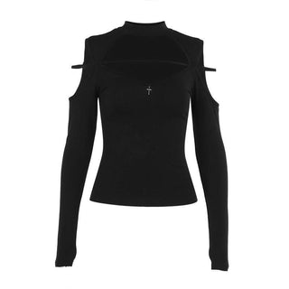 High neck long sleeve hollow out cross metal cut out top