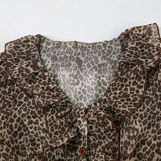 Leopard print long sleeve chiffon ruffle button top