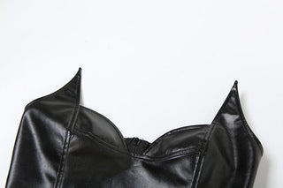 Solid PU leather zip-up v neck backless bustier tube crop top