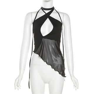 Halter mesh ruffle irregular backless top