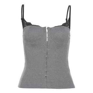 Ribbed lace hem button cami top