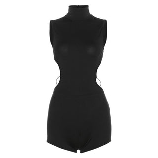 Sleeveless high neck button backless romper