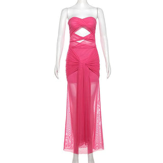 Mesh ruched hollow out see through tube cut out maxi dress