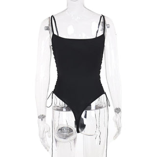 V neck lace up hollow out solid cami bodysuit