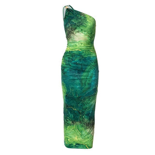 One shoulder print ruched maxi dress