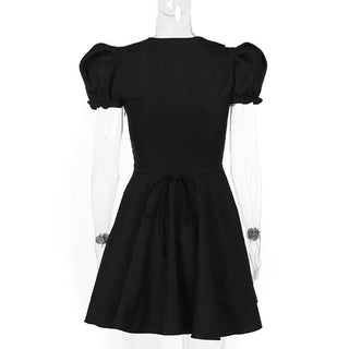 Short puff sleeve ruffle v neck self tie mini dress