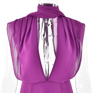 Slit deep V neck backless self tie solid maxi dress