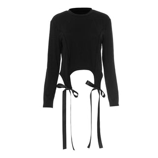 Long sleeve crewneck bowknot solid top