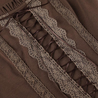 Lace up long flared sleeve ruched lace hem ruffle crop top