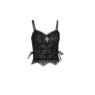 Leopard print cross pattern bowknot lace cami top