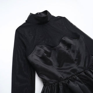 Long sleeve high neck zip-up mesh patchwork mini dress