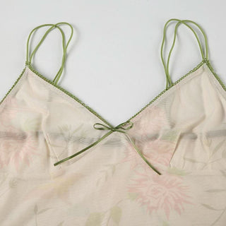 V neck flower print bowknot mesh cami top