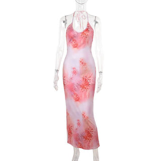 U neck halter butterfly applique print slit maxi dress