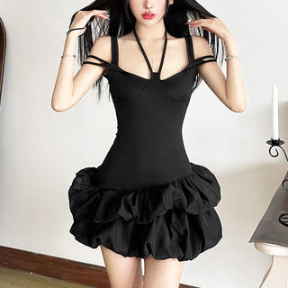 Halter self tie hollow out ruched solid cut out mini dress