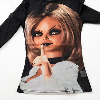 Long sleeve crewneck figure print sheer mesh top