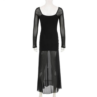 V neck long sleeve slit mesh maxi dress