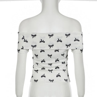 Off shoulder bowknot ribbed print top