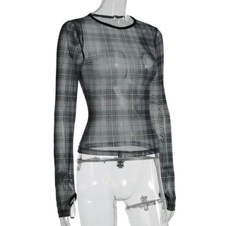 Long sleeve plaid crewneck mesh top