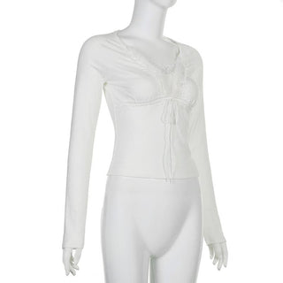 Fluffy patchwork solid long sleeve self tie top