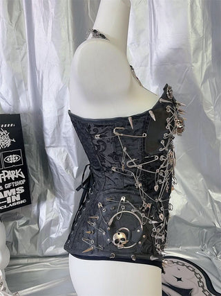 Skull metal chain PU leather lace up rivet tube top